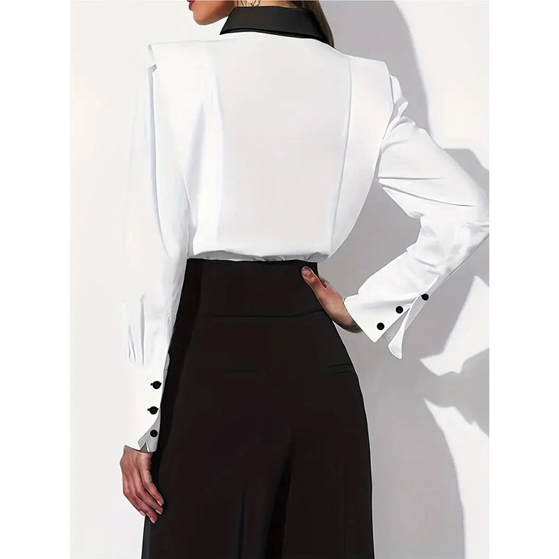 Women's Black & White Colorblock Button Down Shirt, Elegant Long Sleeve Collared Blouse, Office Work Tops