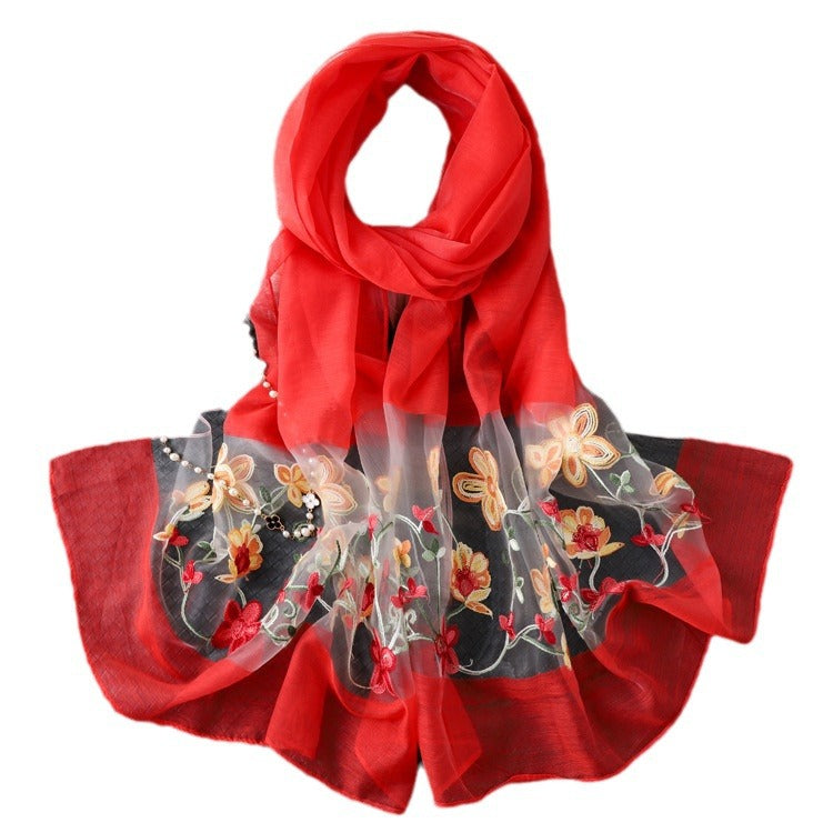 Elegant Versatile Embroidered Silk Scarf For Women Thin