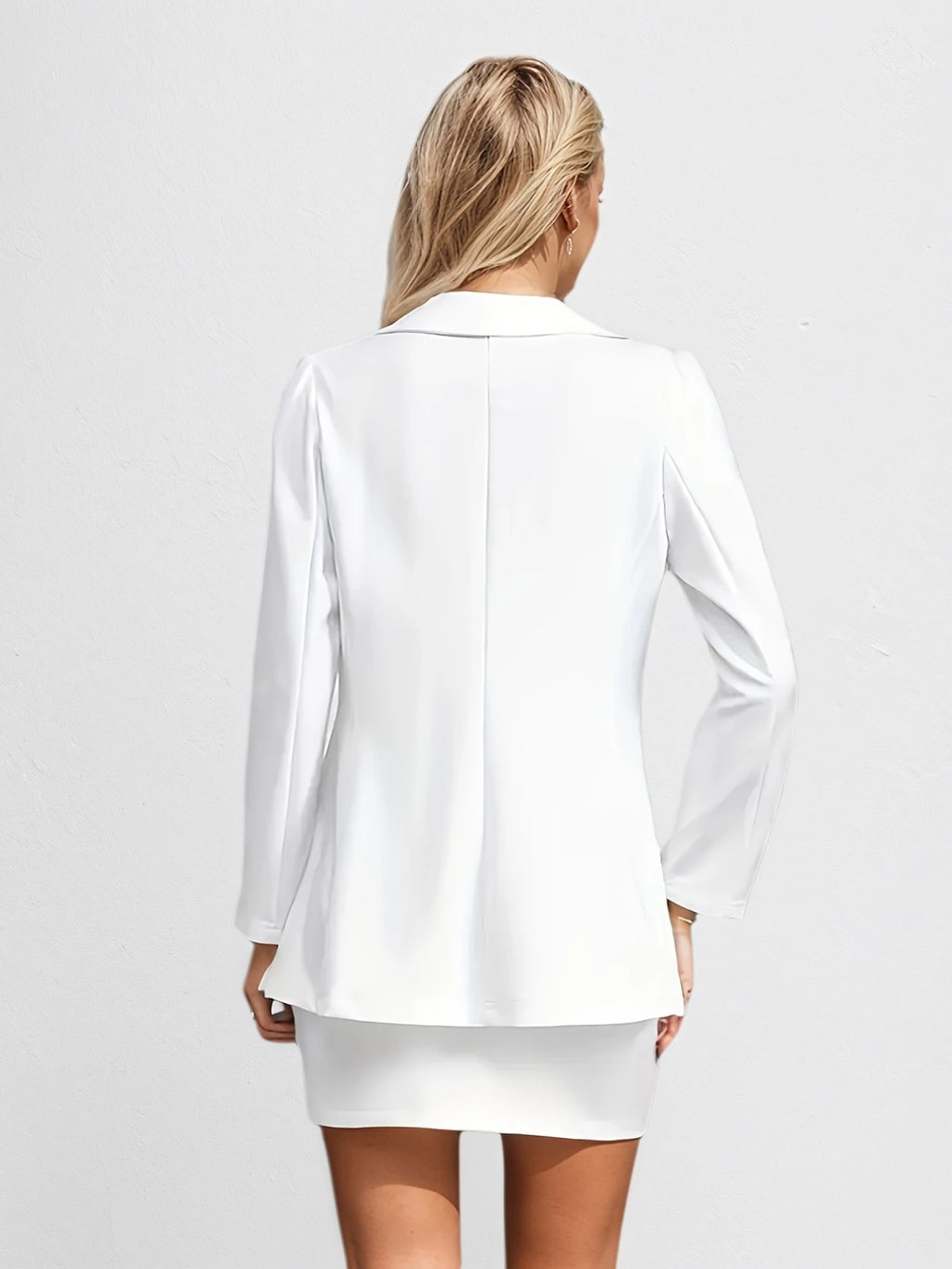 New Pure White Long Sleeved Skirt Set, Lapel Suit Jacket&solid Color Skirt, Double Breasted Closure, Comfortable And Casual, Noble And Elegant