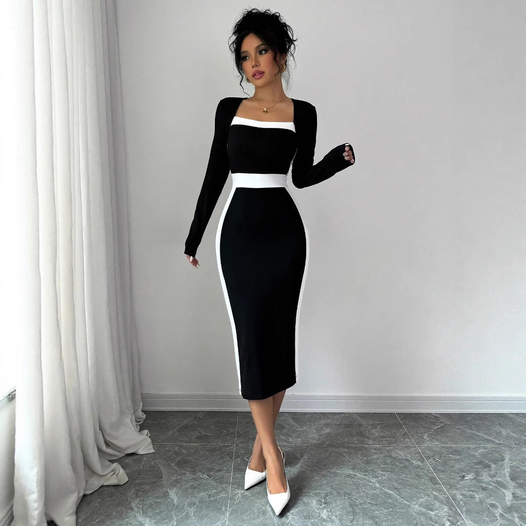 Women's Fashion Elegant Slim Fit Square Collar Long Sleeve Narrow Stitching Temperament Dress