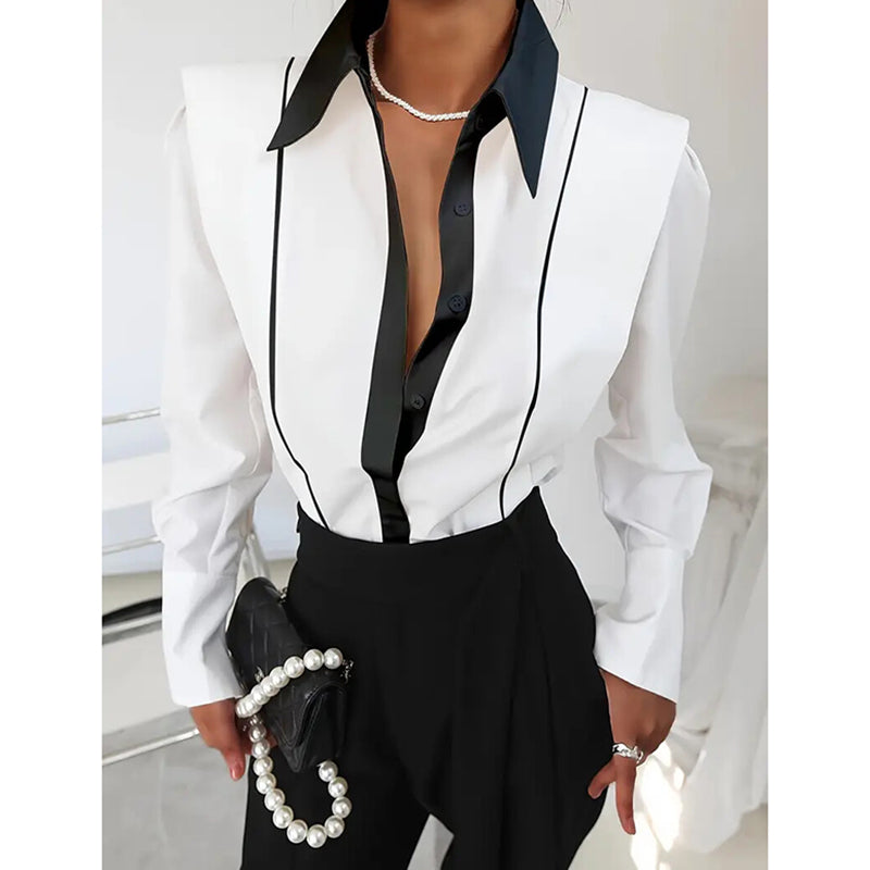 Women's Black & White Colorblock Button Down Shirt, Elegant Long Sleeve Collared Blouse, Office Work Tops