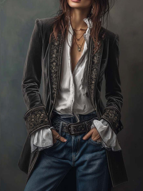 Long Sleeve Solid Color Stitching Lace Pleuche Coat