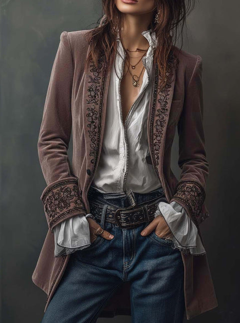 Long Sleeve Solid Color Stitching Lace Pleuche Coat