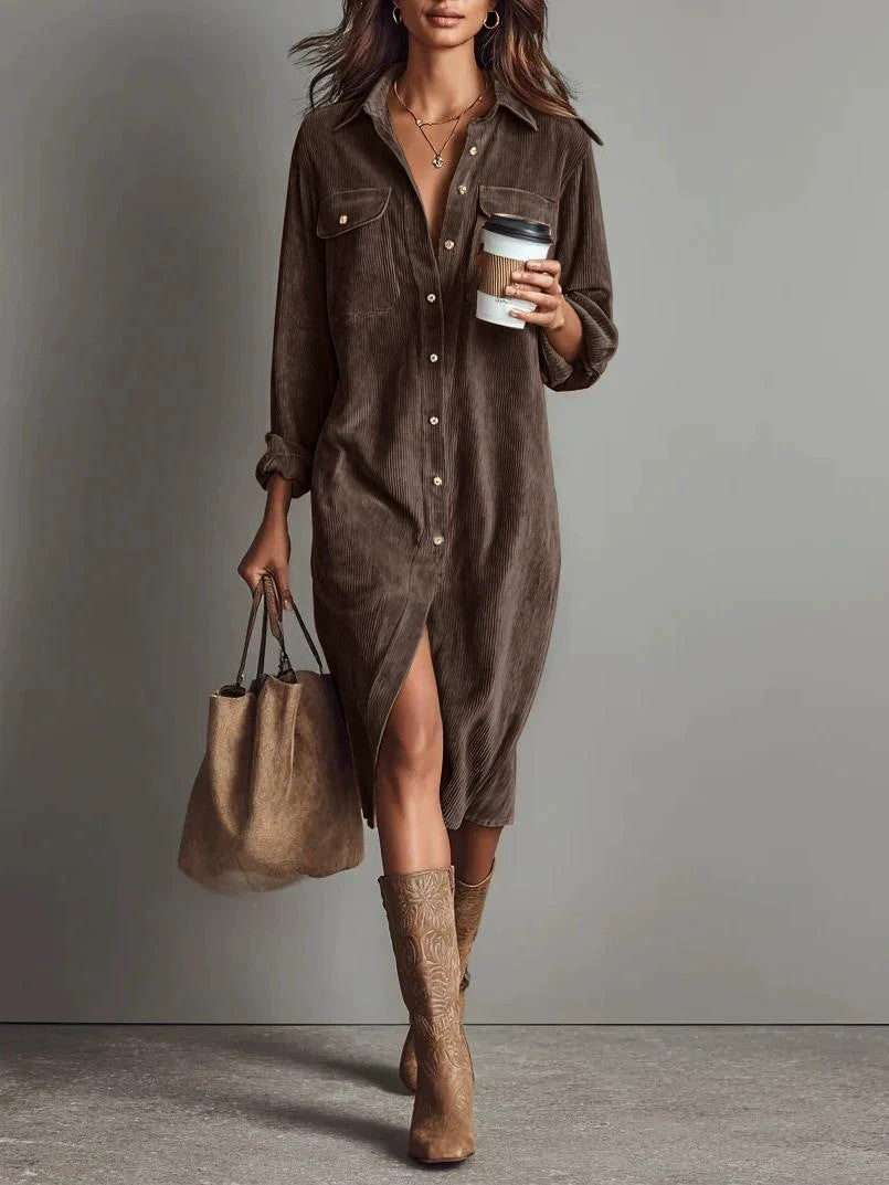 Turn-Down Collar Buttons Chic Casual Dress, Women Spring Autumn Solid Simple Party Dress, Long Sleeve Holiday Ladies Dress