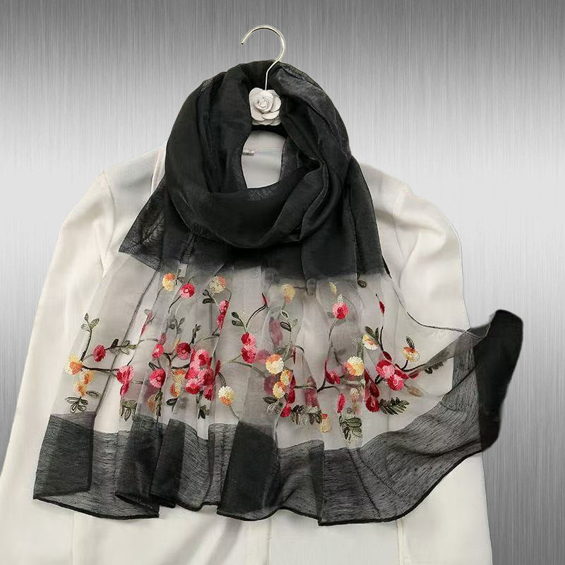 Elegant Versatile Embroidered Silk Scarf For Women Thin