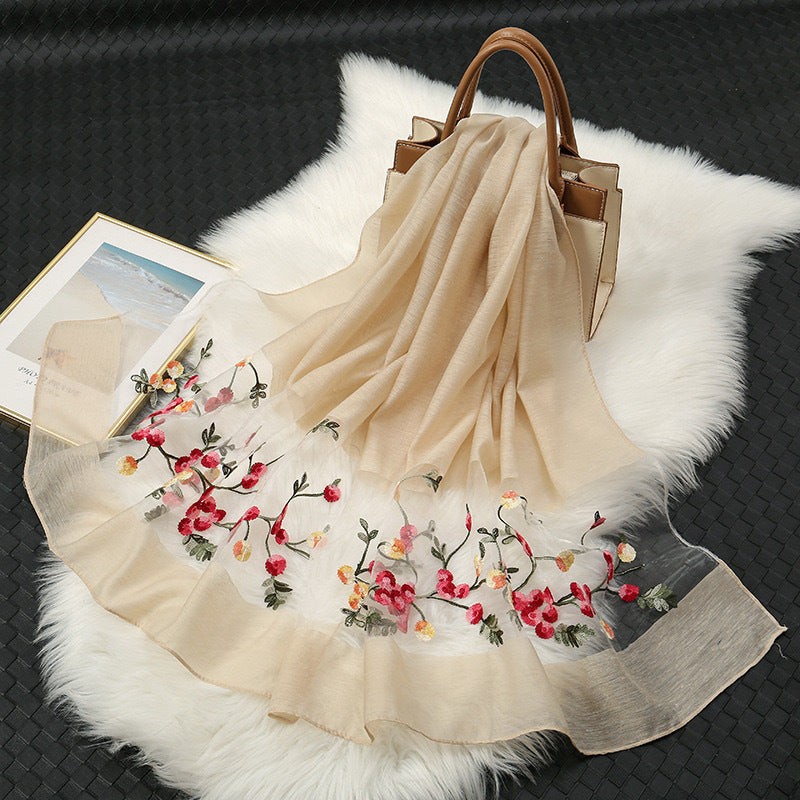 Elegant Versatile Embroidered Silk Scarf For Women Thin